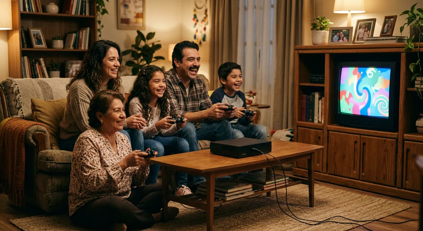 Una familia latinoamericana juega junta a una consola generica