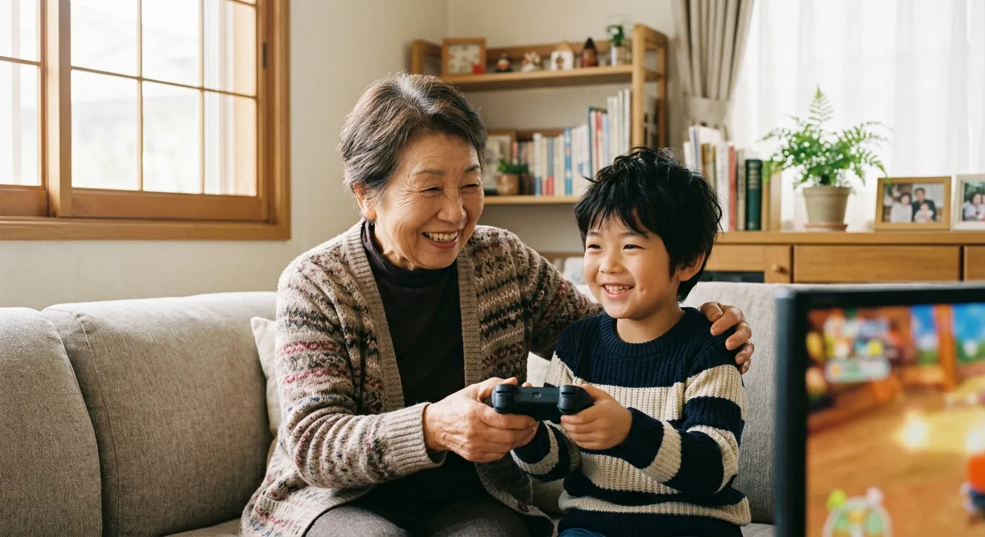 Un abuelo y un nino comparten un mando generico y sonrien juntos