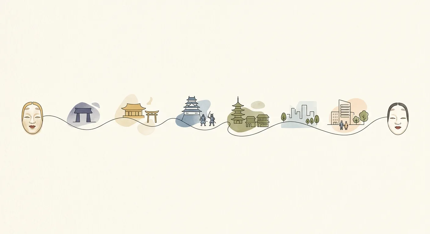 Ilustración minimalista de una línea ininterrumpida que representa setecientos años de continuidad del teatro nō