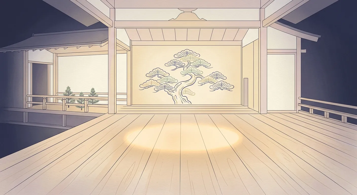 Ilustración minimalista de un escenario de nō vacío bañado en luz, lo que el silencio dice