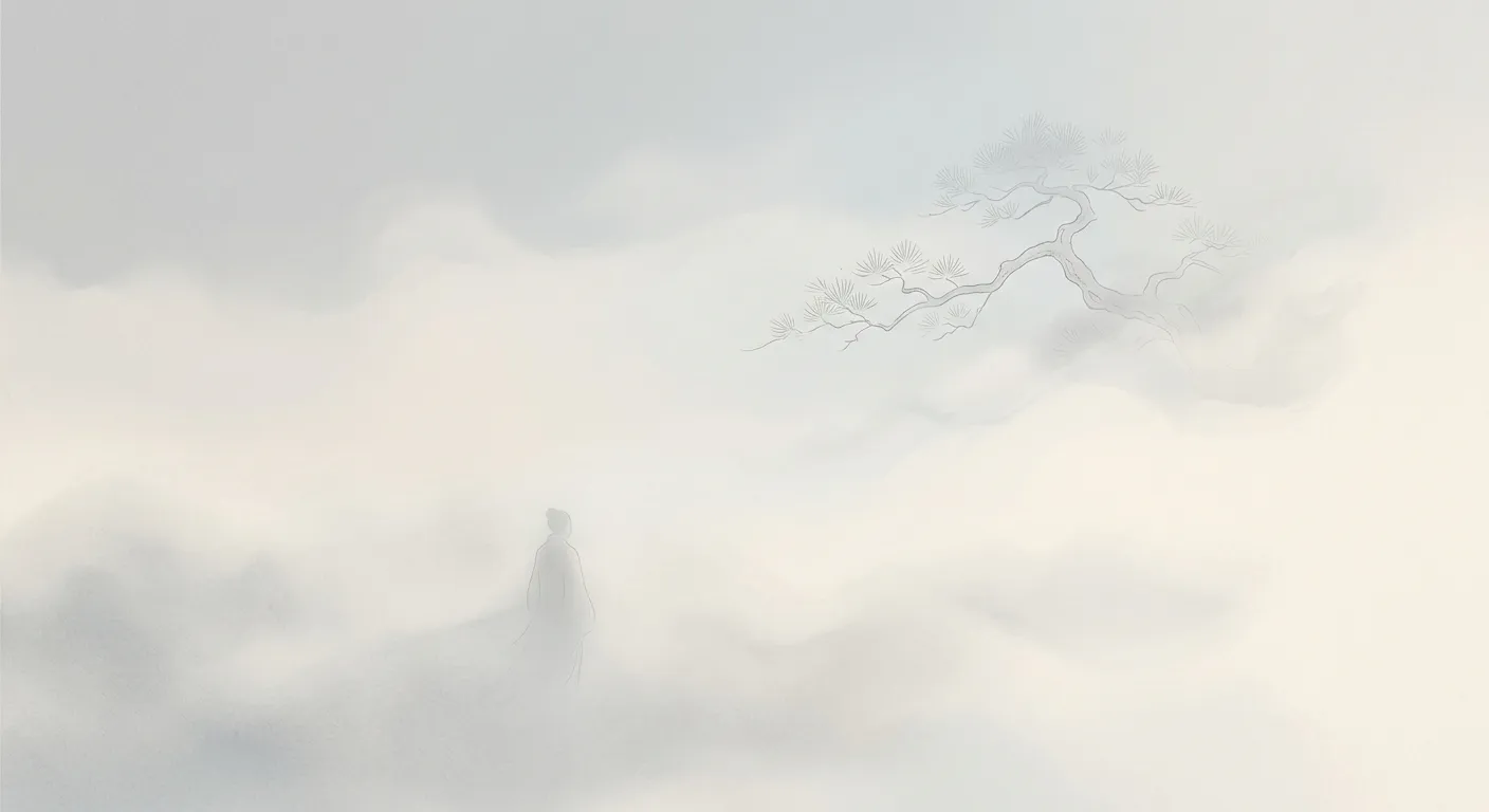 Ilustración minimalista evocando el yūgen, una figura apenas visible entre la niebla, los secretos de lo invisible