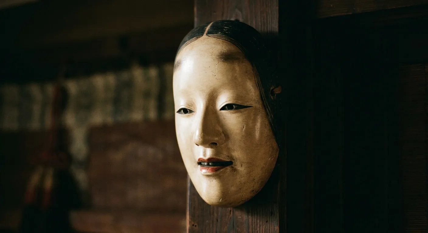 Primer plano de una máscara de nō tallada en madera, el rostro inmóvil que contiene todas las emociones