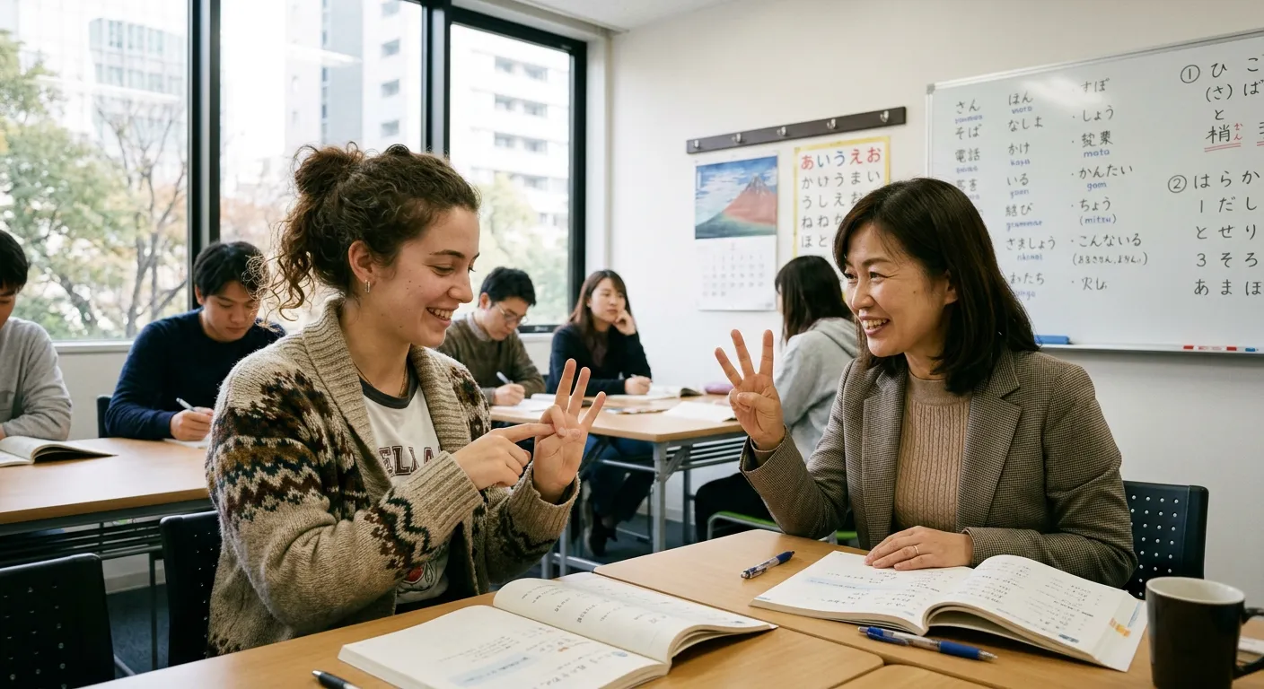 Joven castellana contando con los dedos con profesora en aula de japonés
