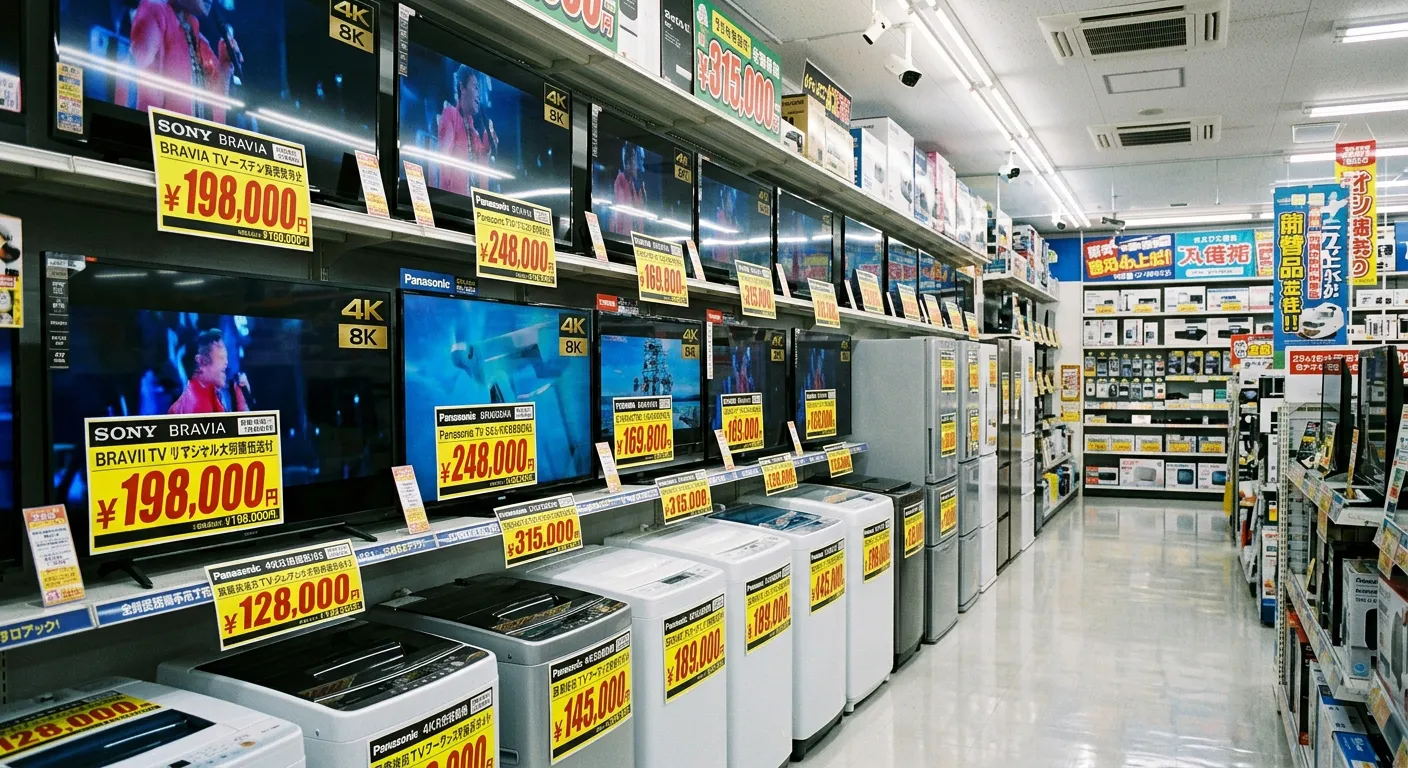 Tienda de electrónica japonesa con etiquetas de precios en yenes