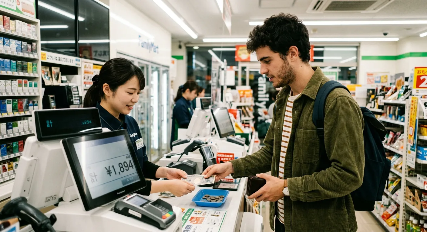 Joven castellano pagando en caja de konbini japonés con pantalla de total