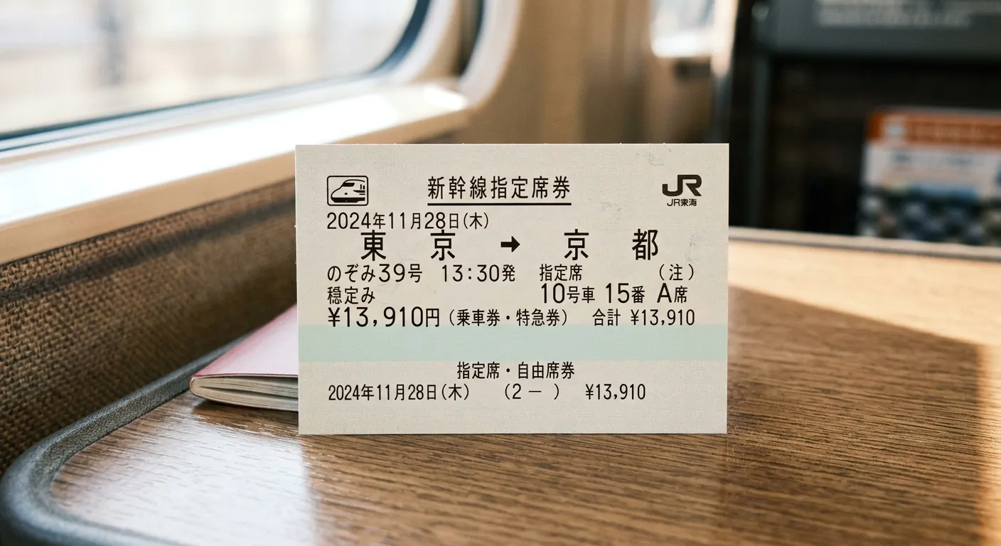 Primer plano de billete de shinkansen con número de asiento, hora y precio