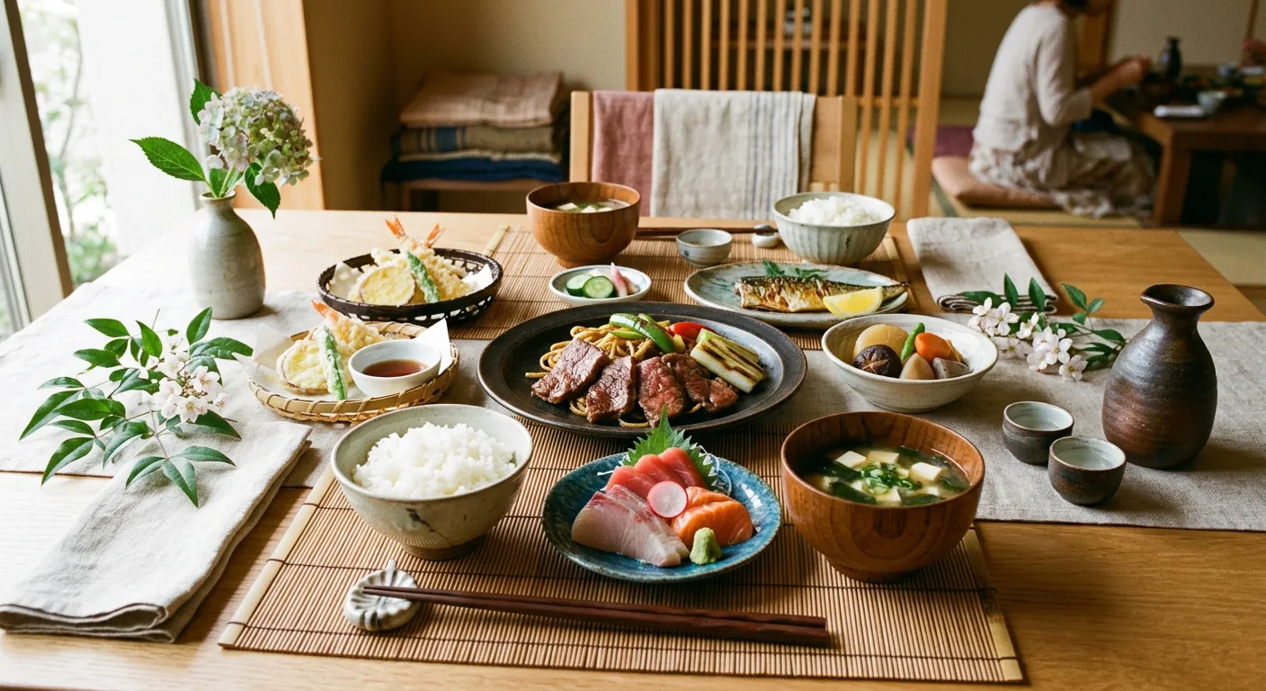 Platos japoneses, carne y verduras dispuestos con cuidado y elegancia