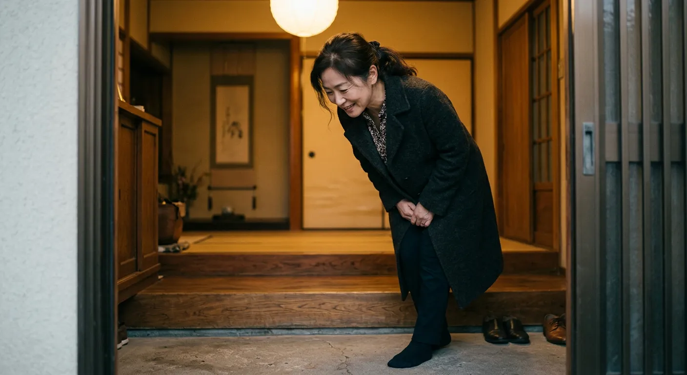 Primer plano de un invitado japones que hace una reverencia al entrar