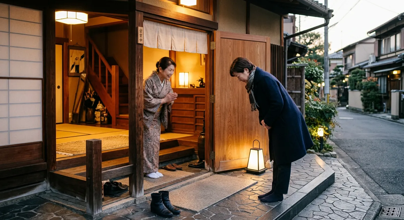 Un invitado japones se despide con una reverencia agradecida en la puerta