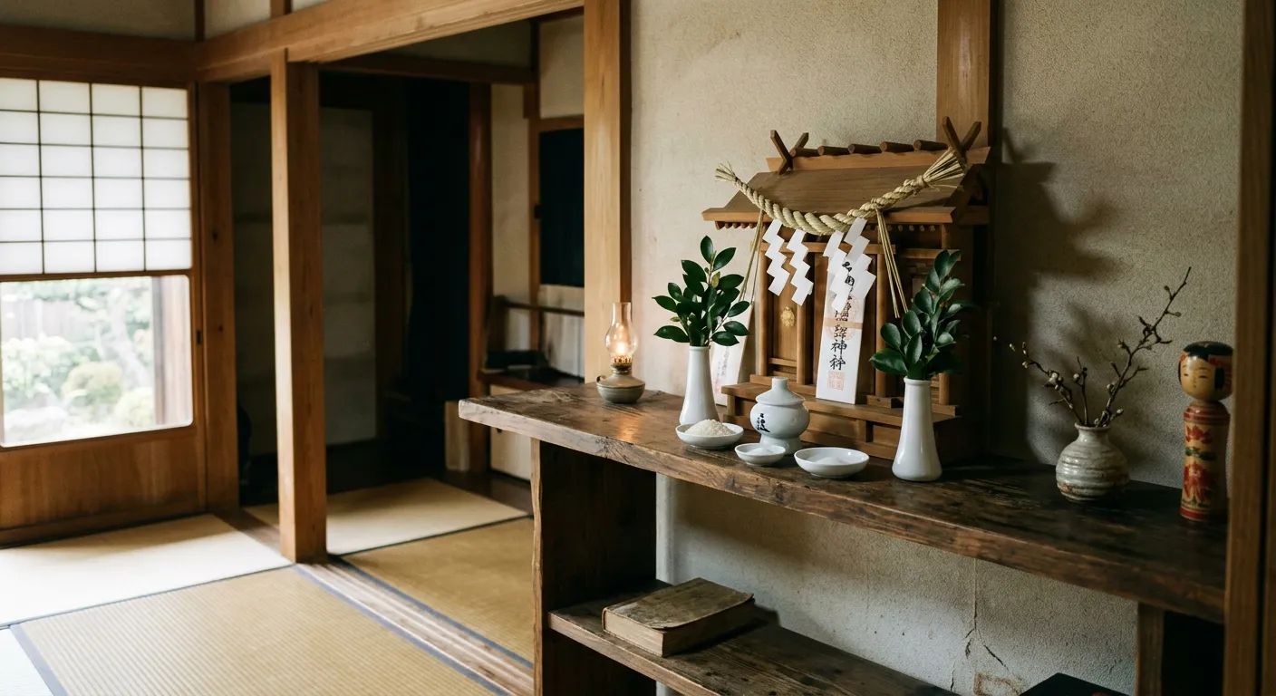 Un interior japones con un pequeno altar domestico kamidana