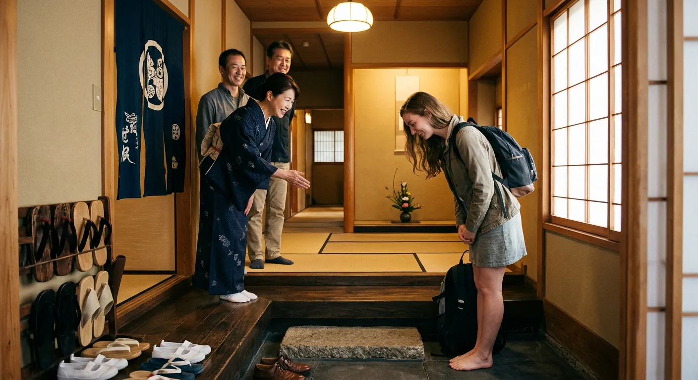 Un huesped extranjero es recibido con cortesia en un homestay japones