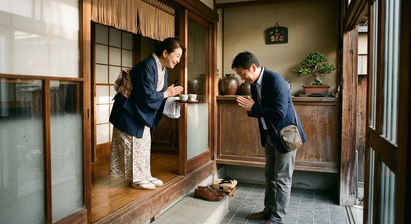 Un anfitrion y un invitado japoneses comparten un momento calido en la entrada
