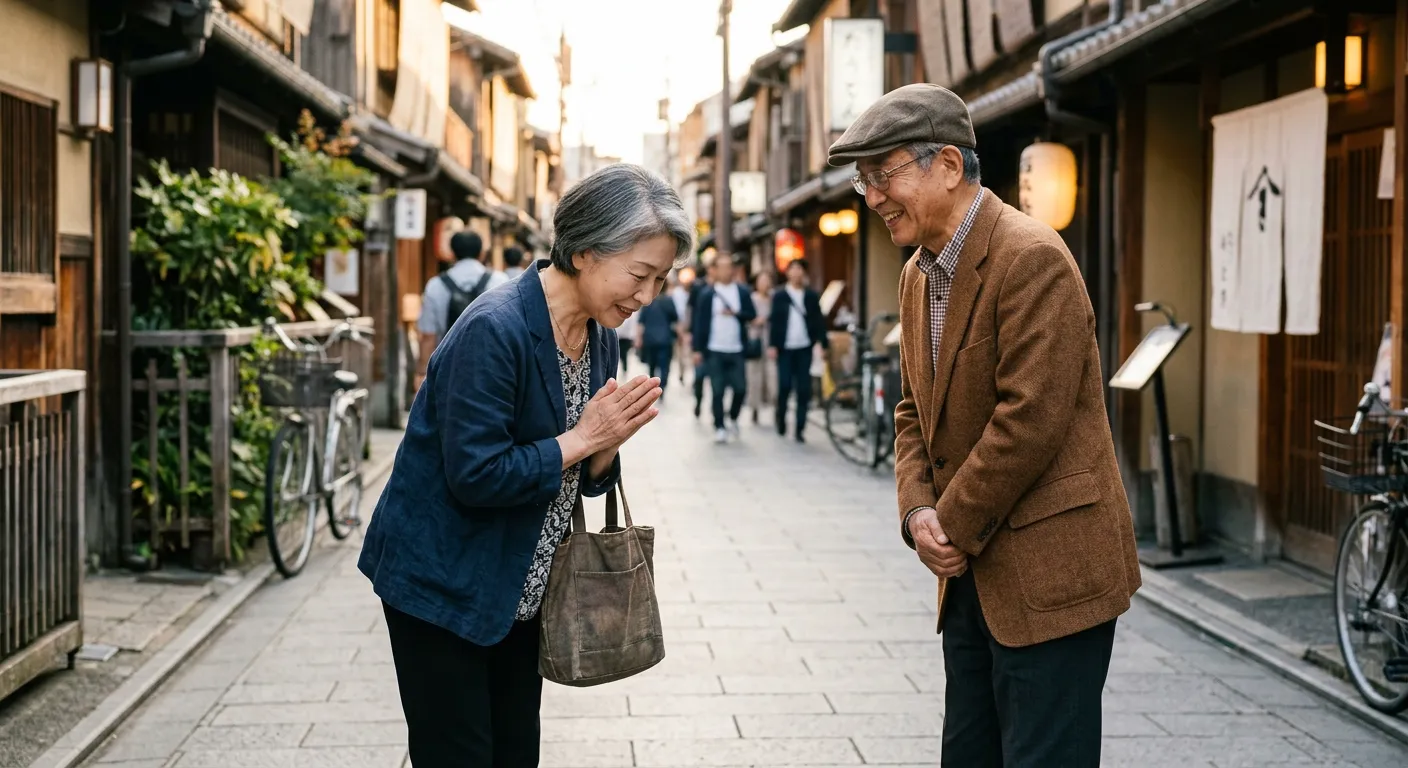 Dos personas japonesas se saludan y una responde con gratitud