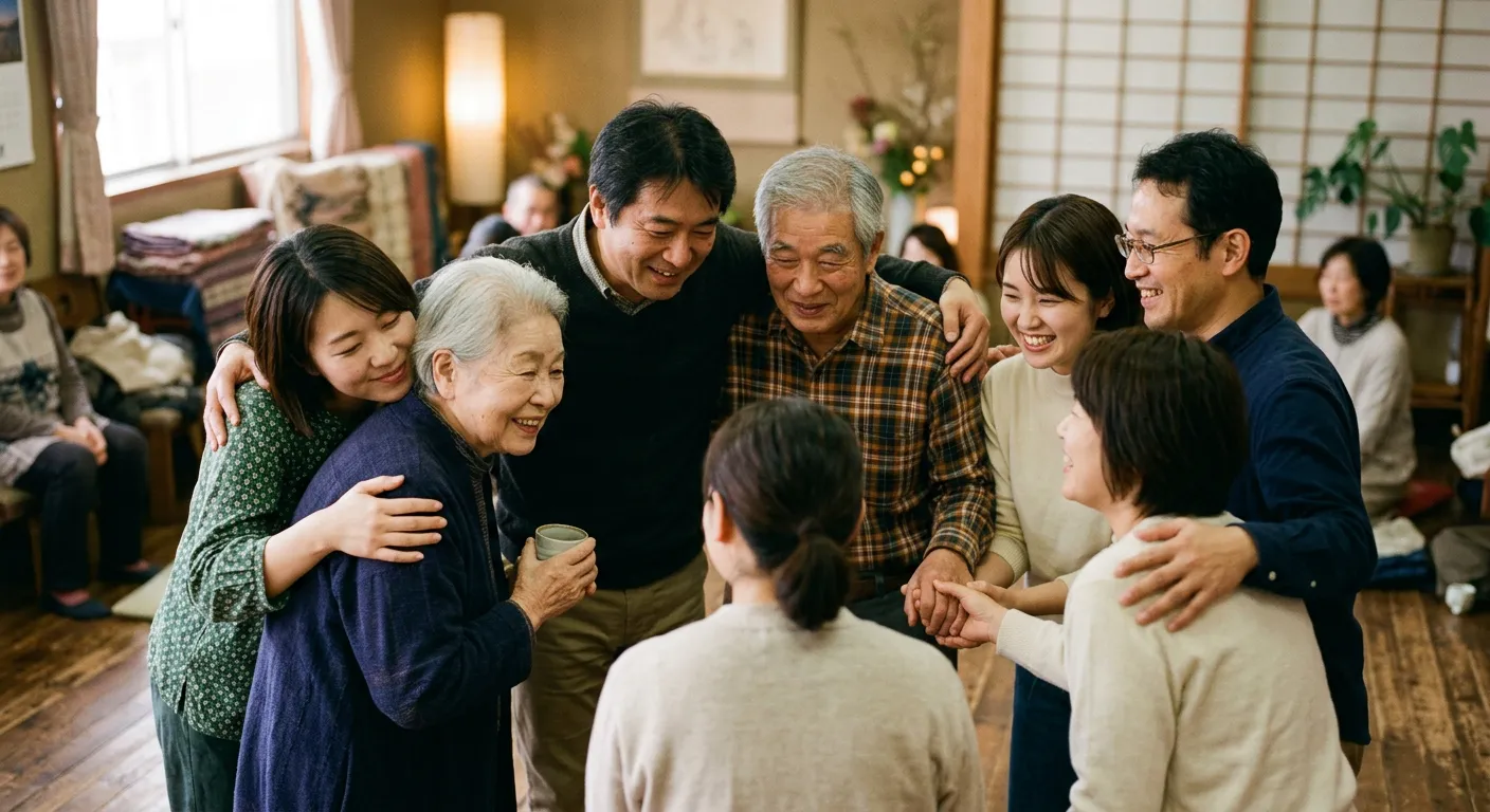 Un circulo de personas japonesas que se apoyan y se agradecen