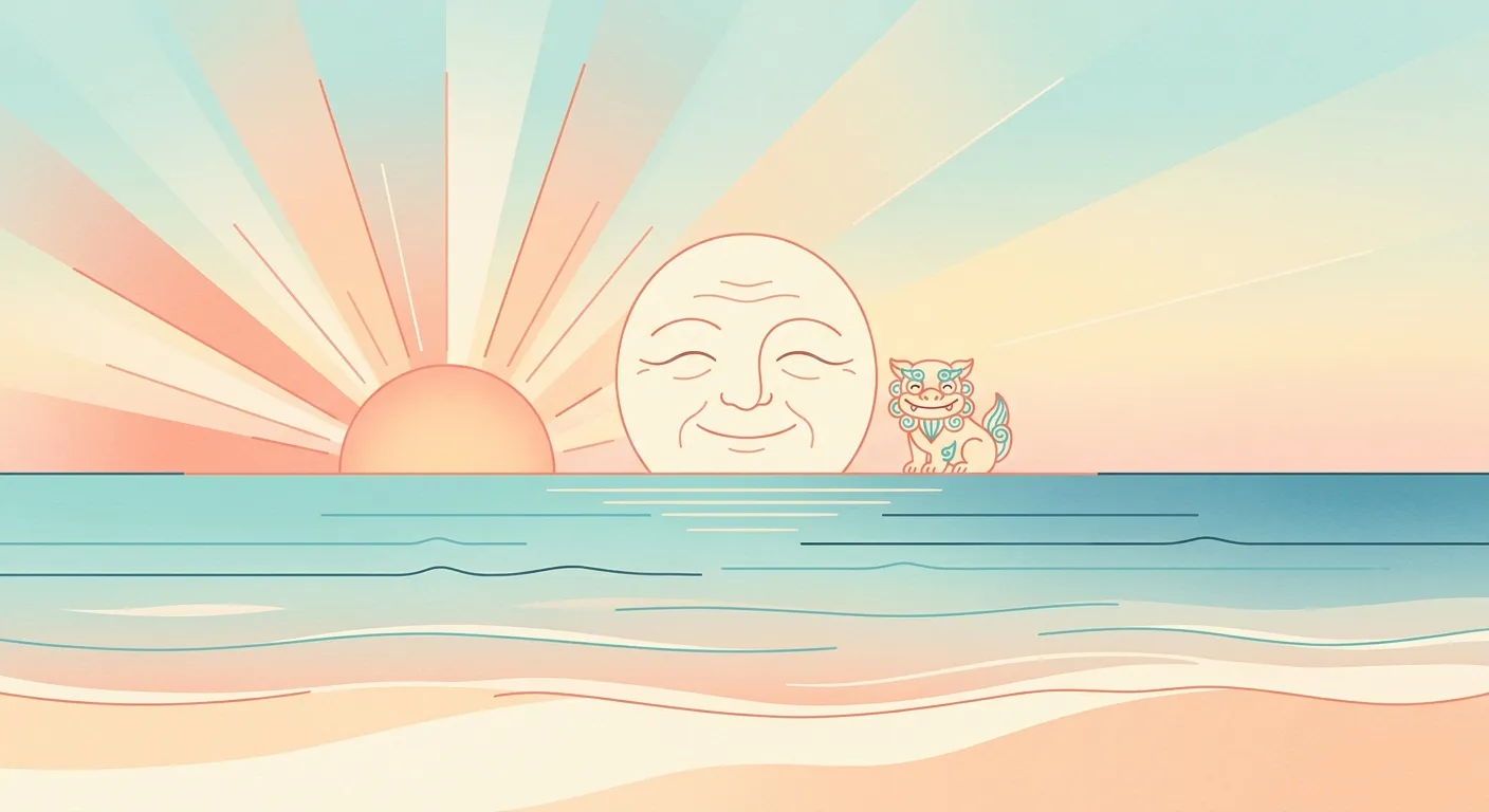 Ilustración minimalista del sol, un shisa y una sonrisa sobre el mar de Okinawa, lo que Okinawa nos enseña