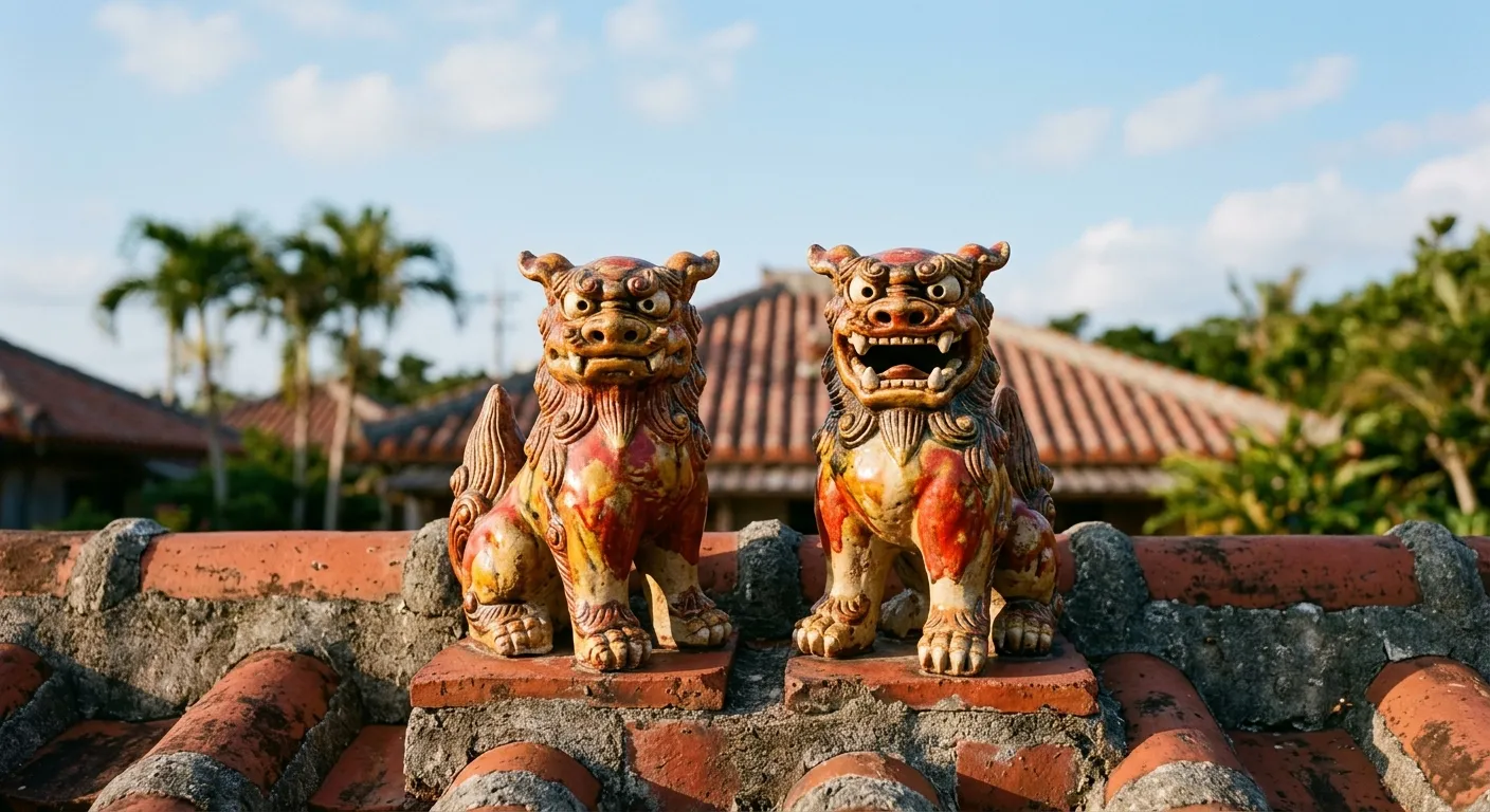 Estatuas guardianas shisa sobre un tejado de tejas rojas en Okinawa, la cultura okinawense diferente del Japón continental