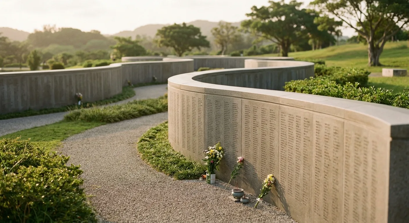 Muros de piedra de un parque memorial en Okinawa con flores ofrecidas, las cicatrices de la guerra y el presente