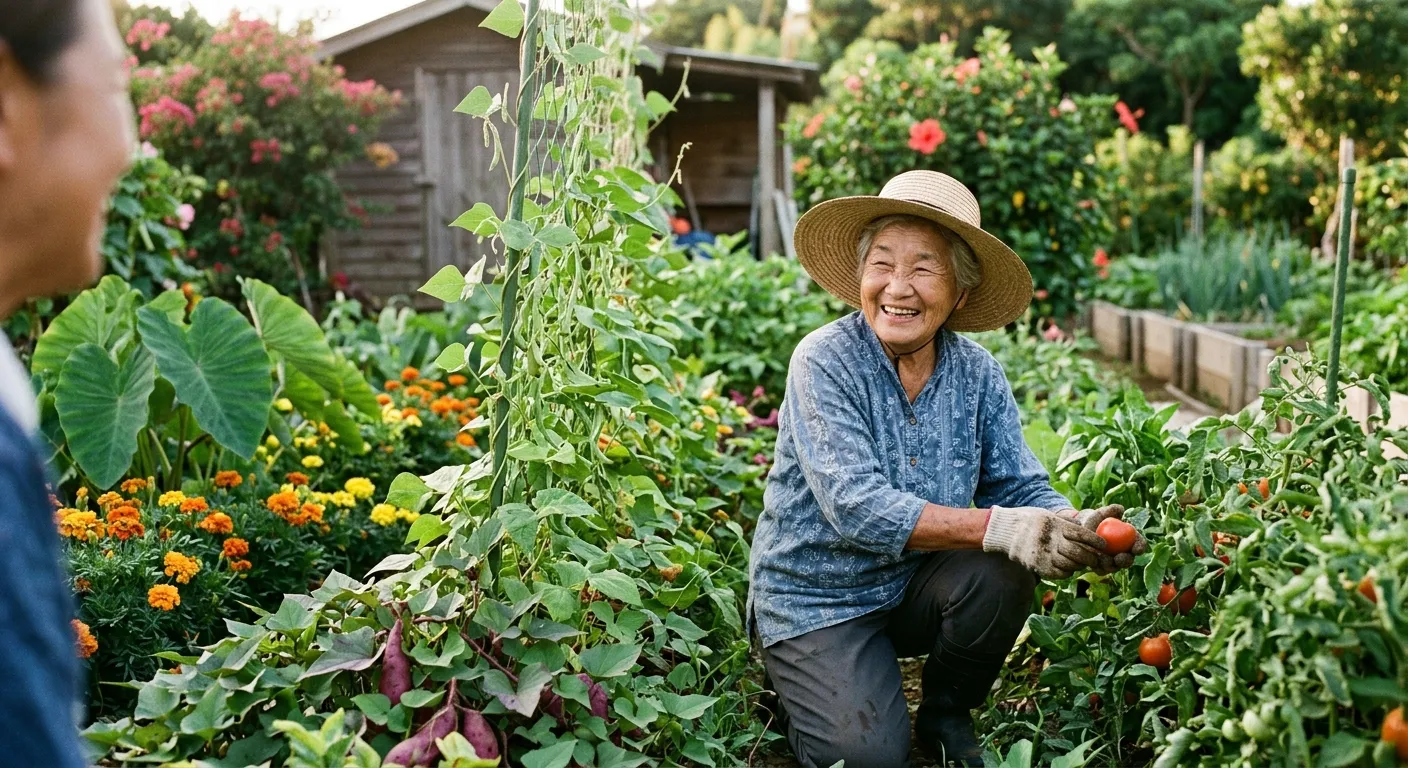 Persona mayor okinawense sonriendo en su jardín tropical, Zona Azul y el secreto de la longevidad