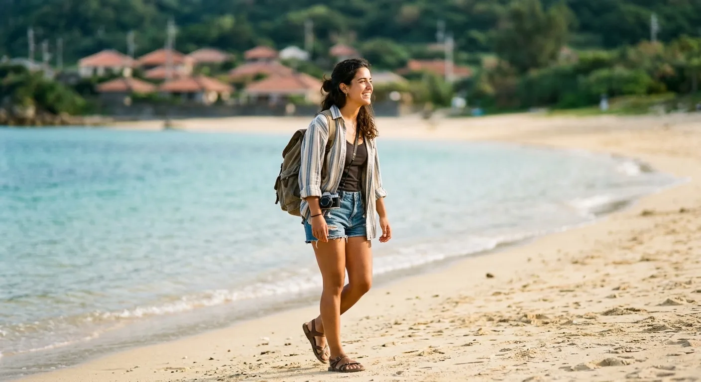 Joven viajera hispanohablante paseando por una playa de Okinawa, guía de viaje para explorar Okinawa