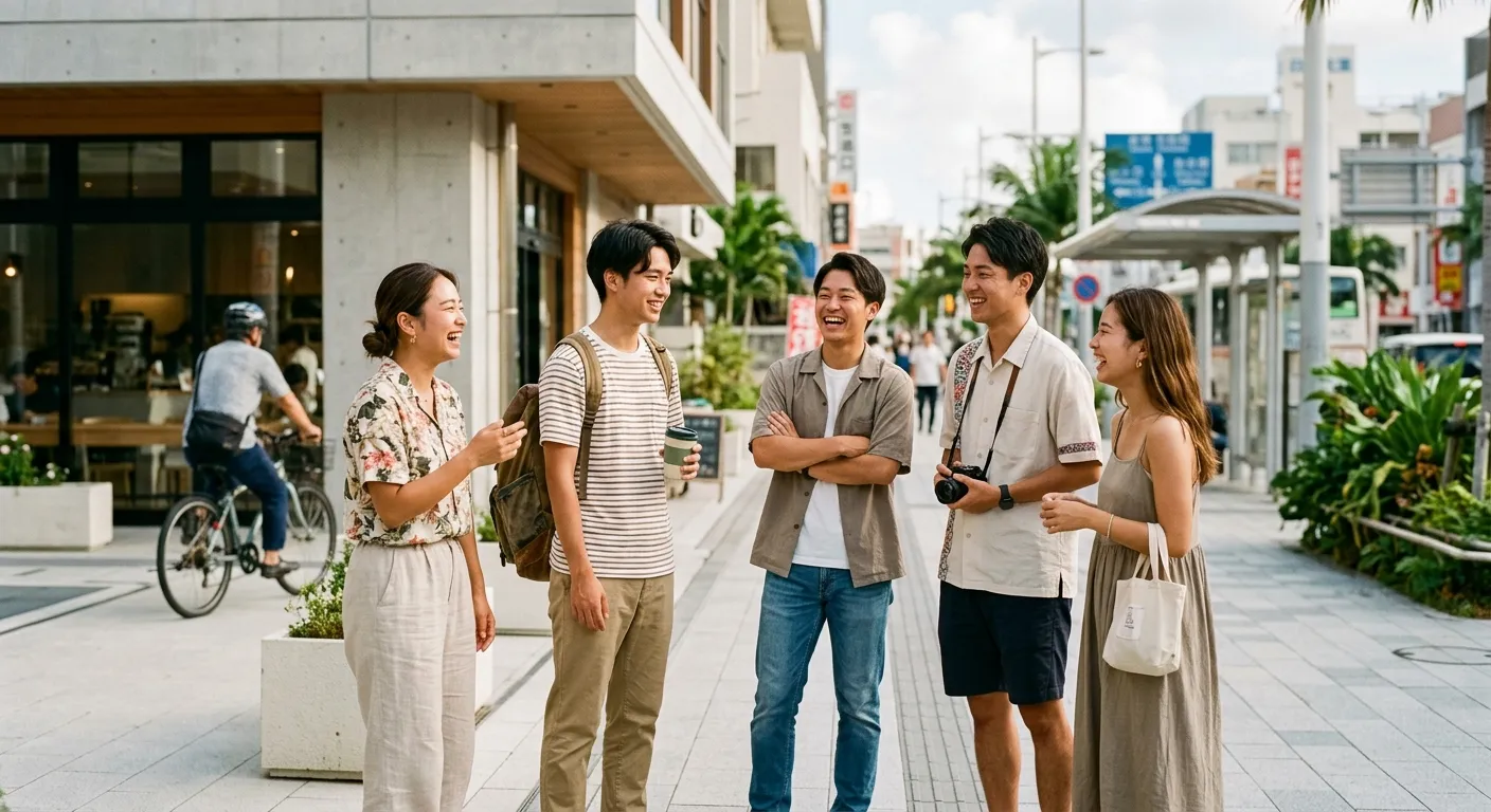 Jóvenes okinawenses conversando en una calle moderna de Naha, el Okinawa contemporáneo: desafíos y esperanzas