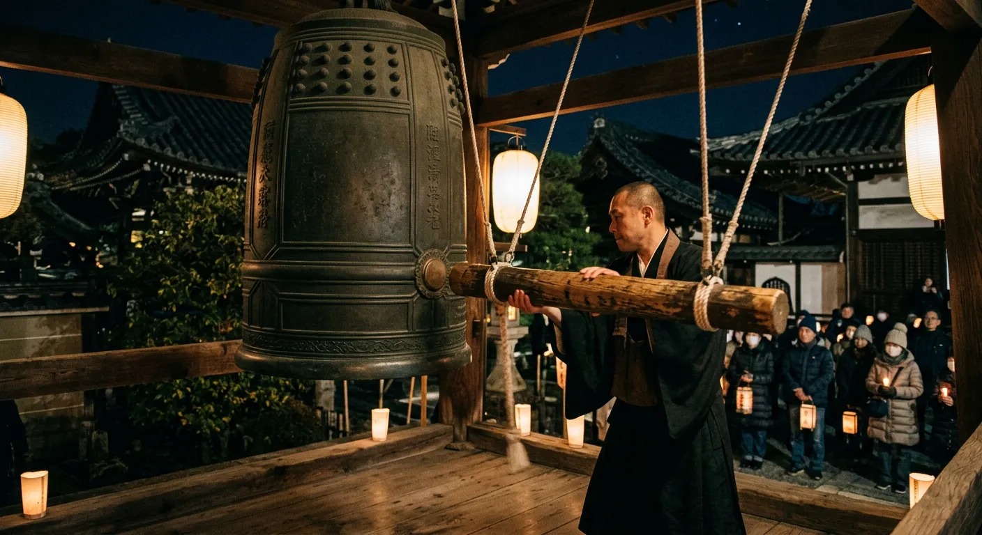 Una gran campana de templo es tanida de noche en Nochevieja