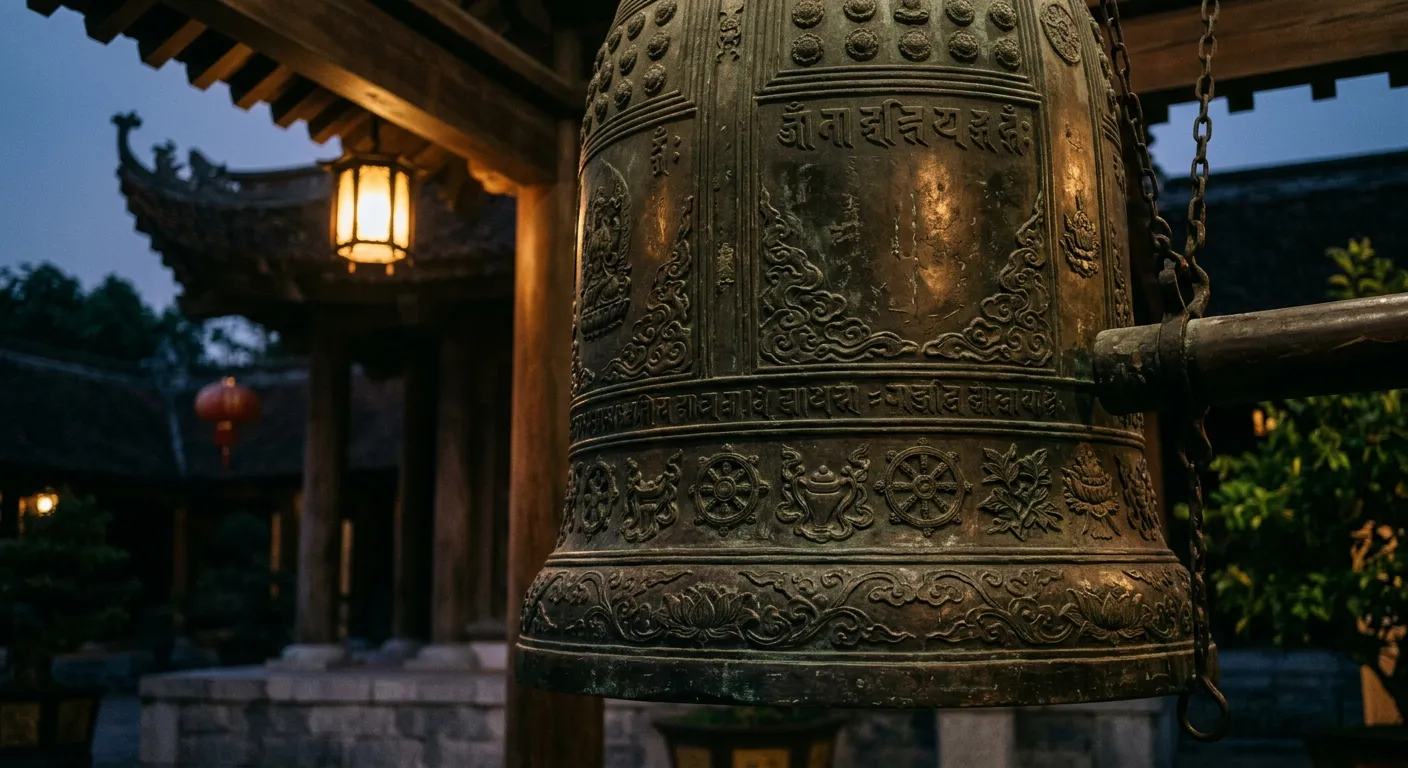 Primer plano de una enorme campana de bronce de un templo budista