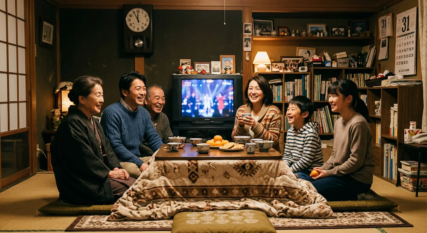 Una familia ve la television juntos en la Nochevieja japonesa