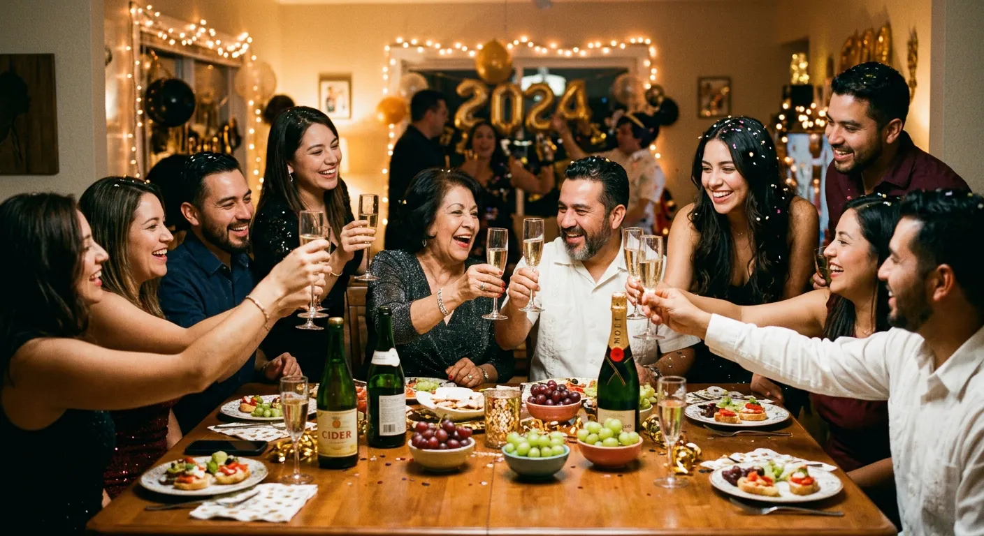Una alegre celebracion hispana de Nochevieja con familia brindando
