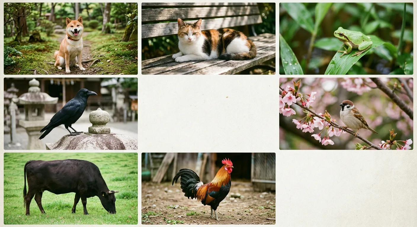 Un mosaico de animales japoneses, perros, gatos, ranas y pajaros