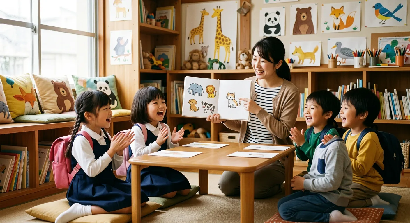 Ninos japoneses aprenden sonidos de animales con un libro ilustrado en blanco