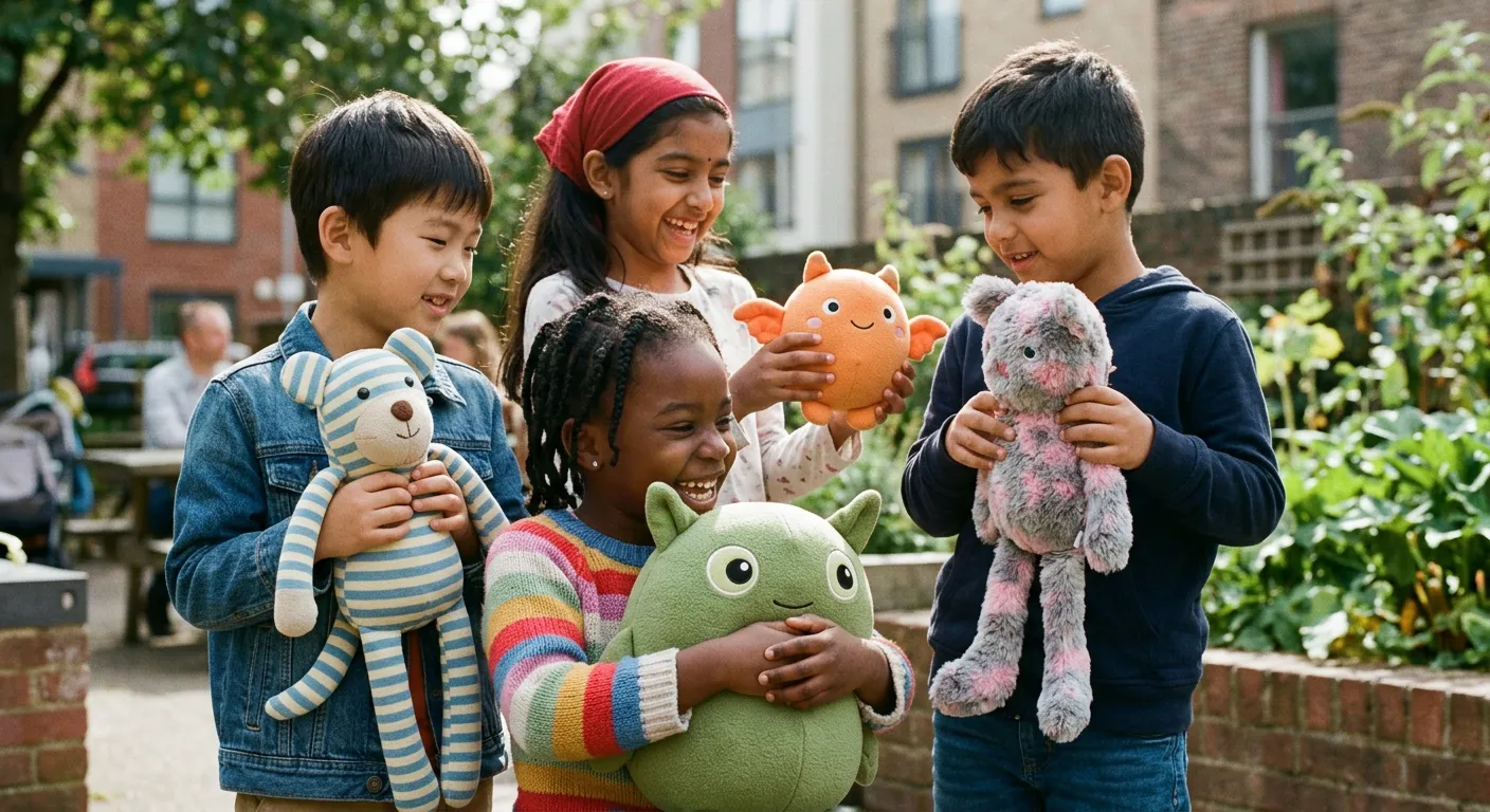Ninos del mundo juegan con peluches de criaturas genericas, la cultura pop japonesa