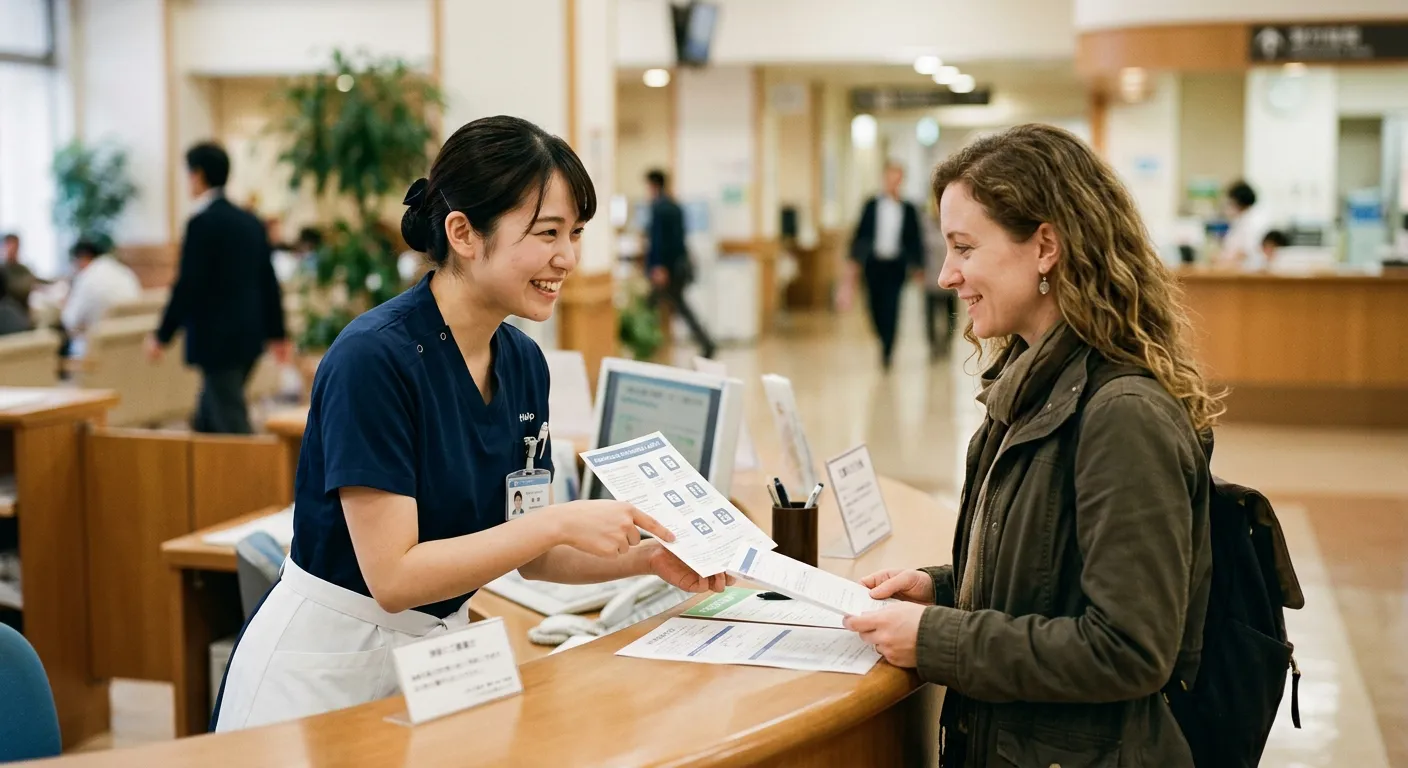 Personal de un hospital japones ayuda a un paciente extranjero con apoyo multilingue