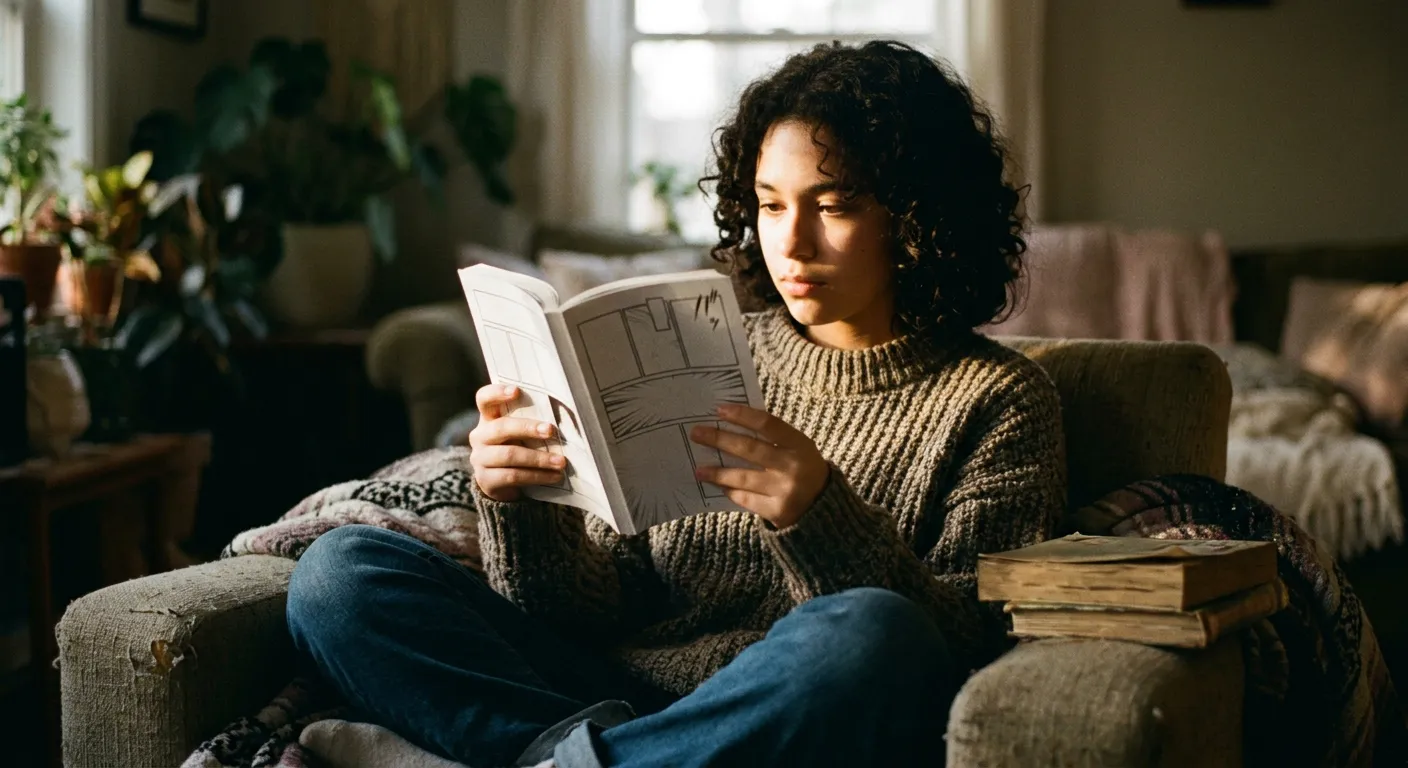 Una joven lee un manga shojo de paginas en blanco, absorta en la emocion