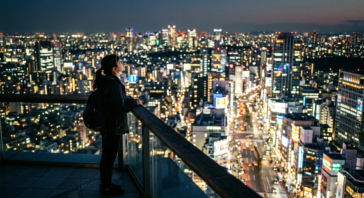 Alguien contempla asombrado las luces resplandecientes de Tokio