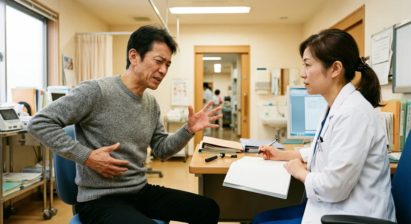Un paciente intenta describir distintos tipos de dolor a un medico en Japon
