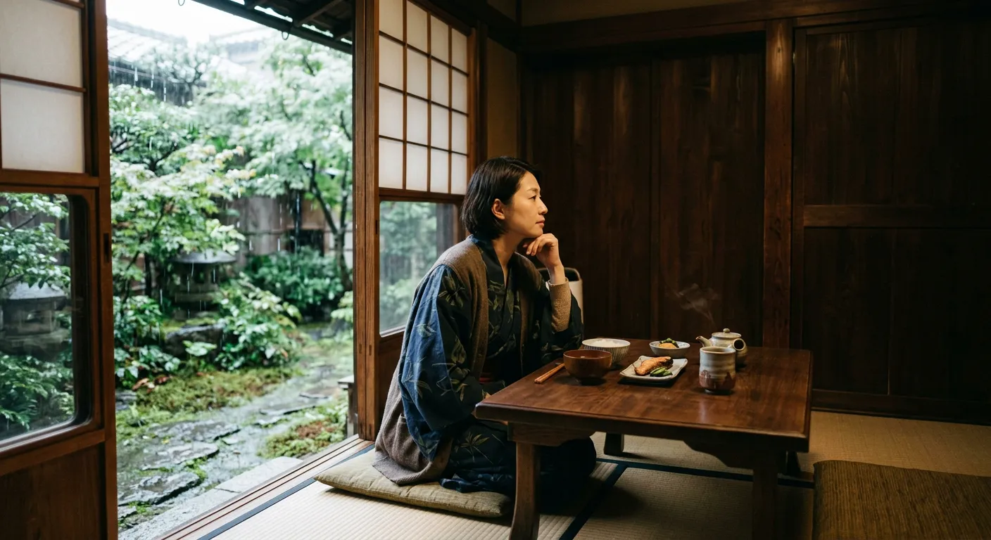 Alguien contempla una lluvia suave desde una ventana en Kioto
