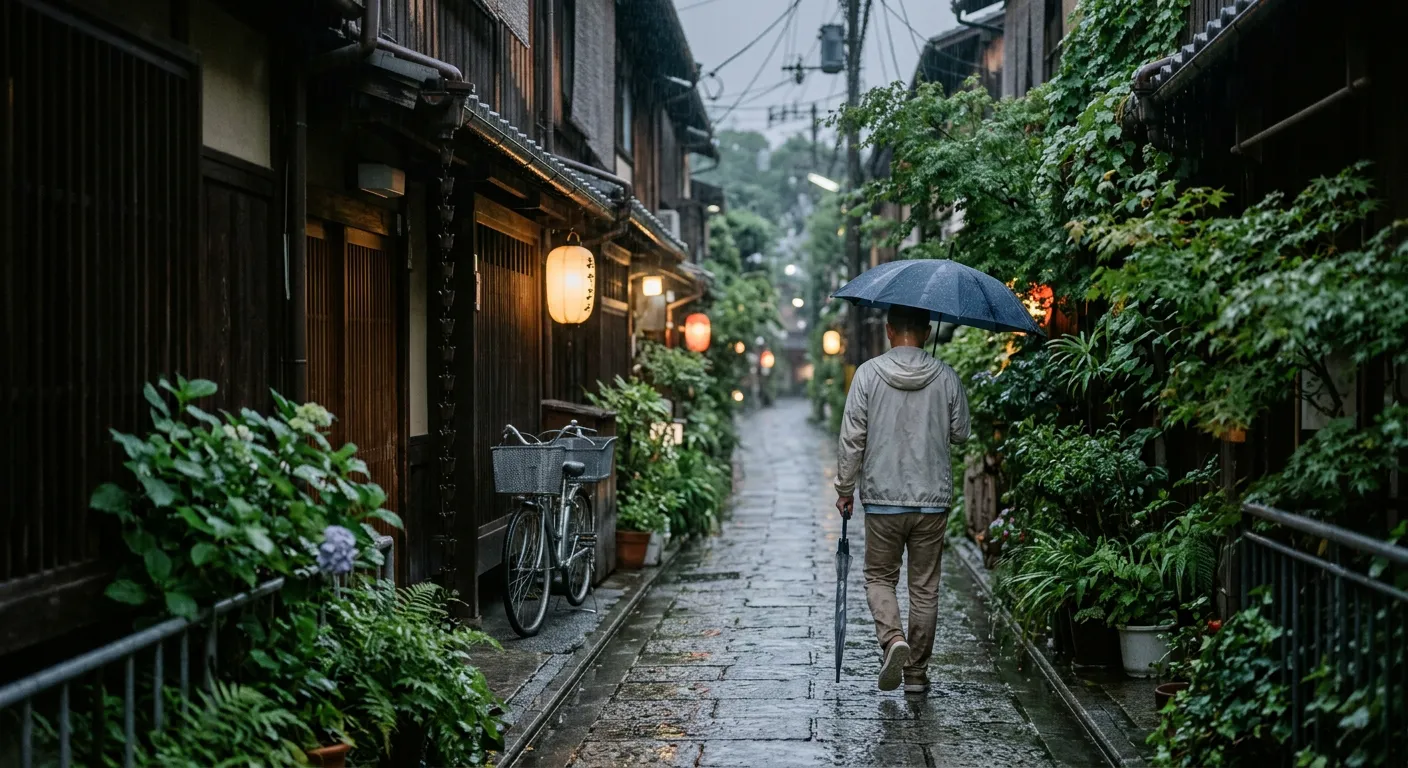 Una escena japonesa humeda y pegajosa que evoca la humedad del ambiente