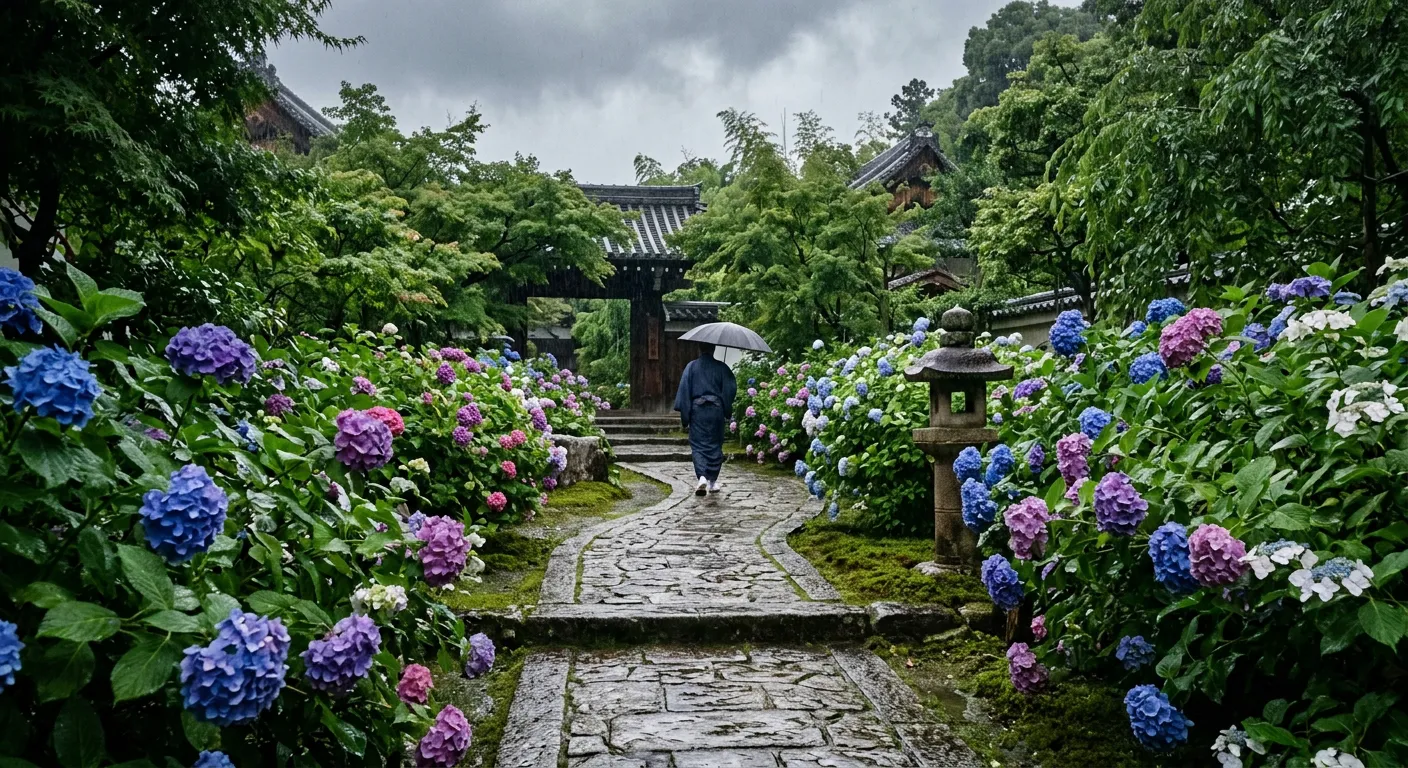 Hortensias bajo la lluvia, la estacion de lluvias tsuyu en Japon