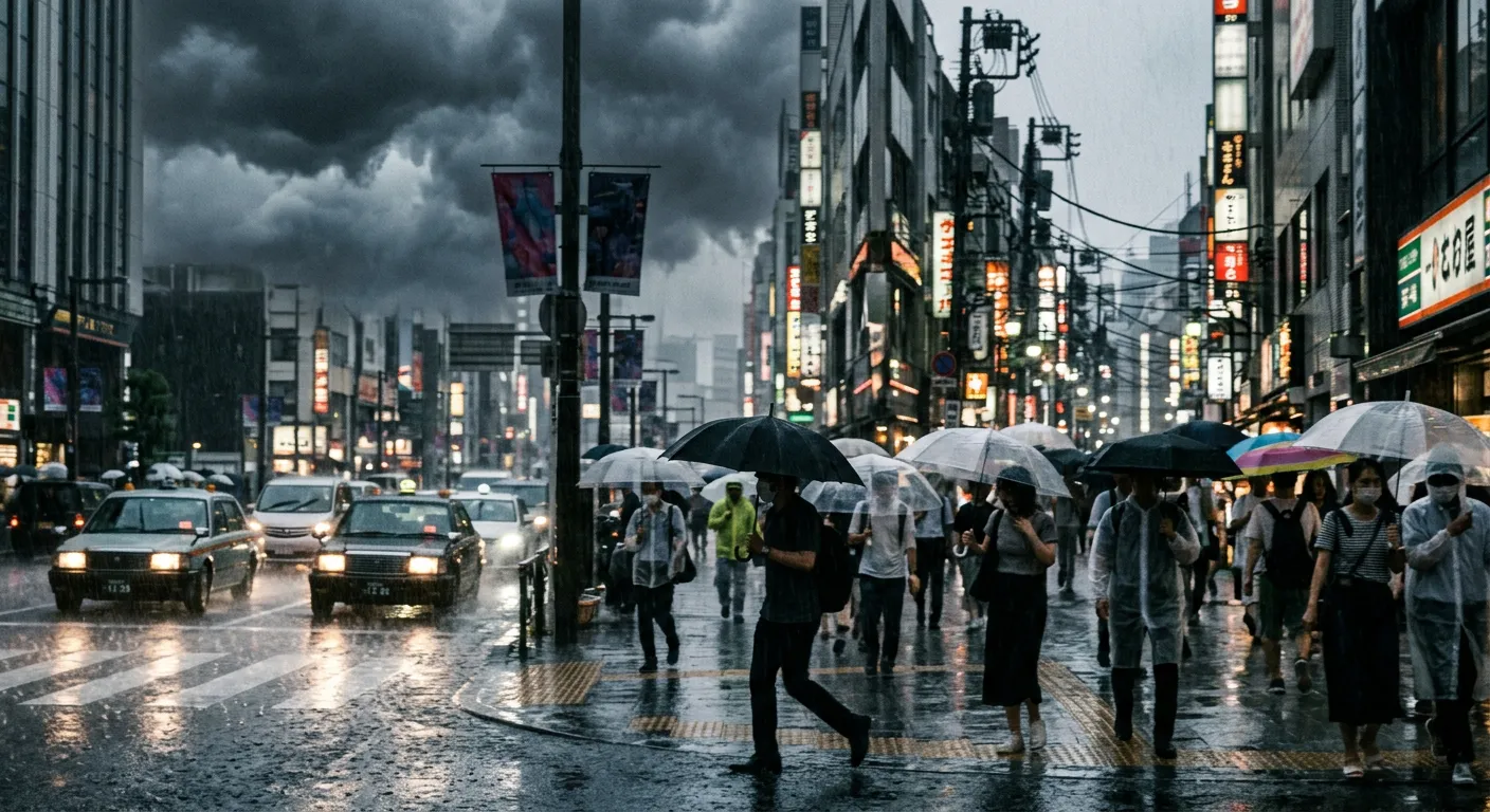 Una calle japonesa moderna azotada por una lluvia torrencial repentina