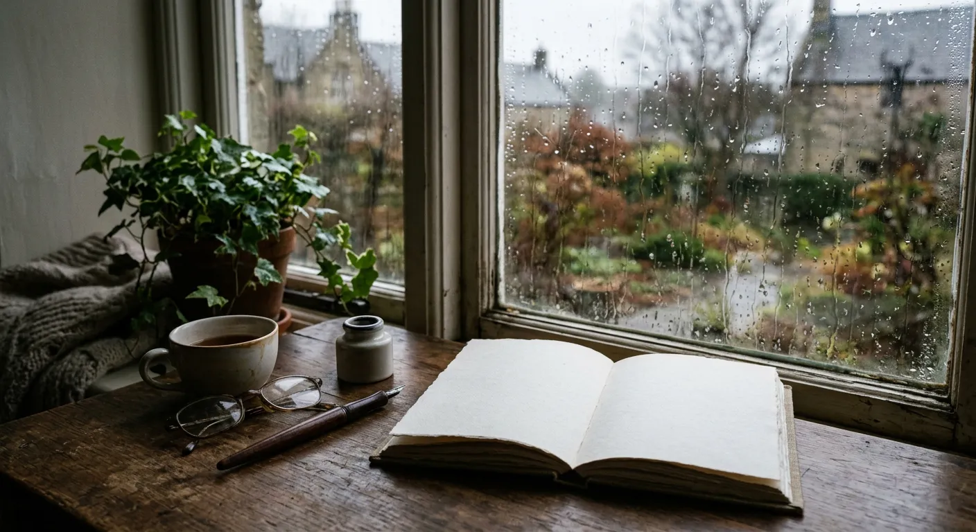 Un libro abierto junto a una ventana con lluvia, la lluvia en la poesia