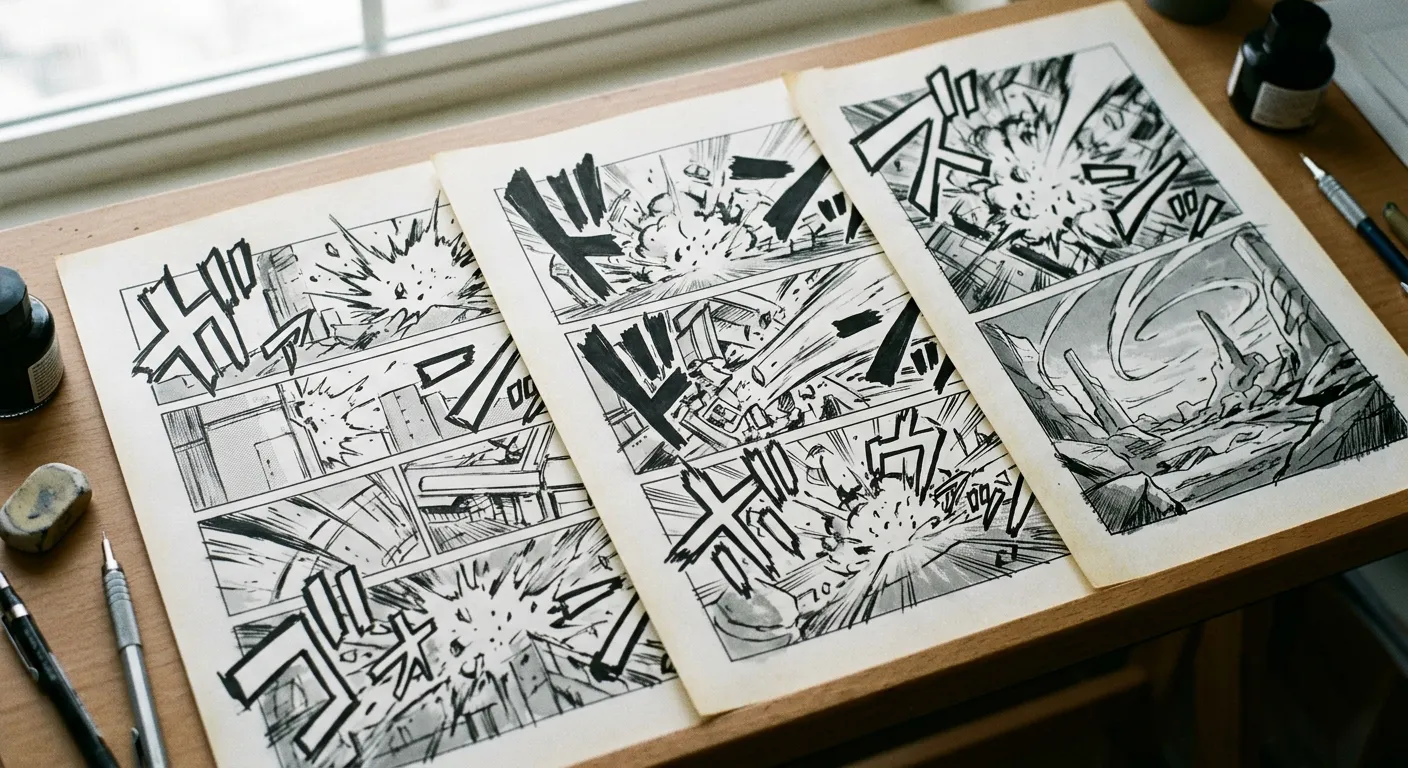 Tres paginas de manga moderno con efectos expresivos y dinamicos