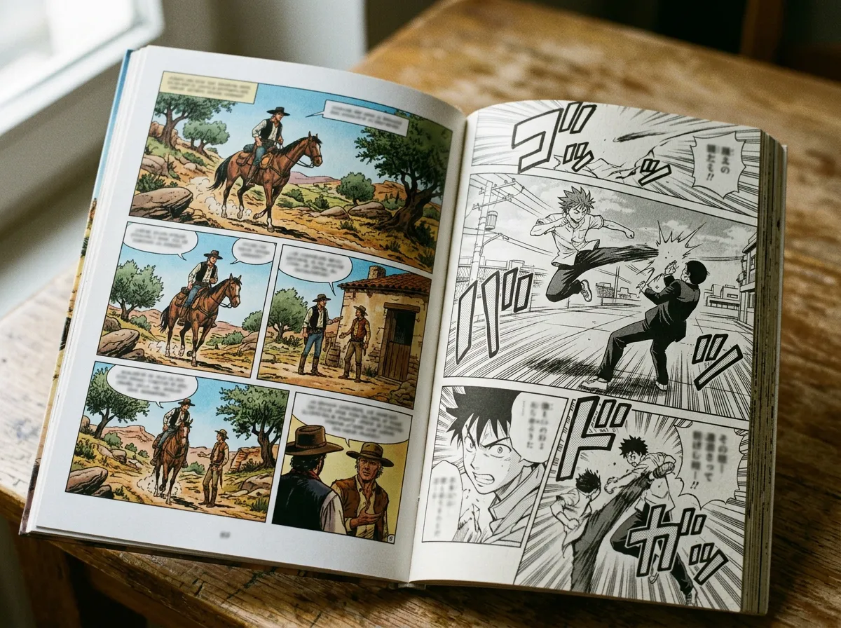 Contraste entre una pagina de comic hispano y una de manga japones