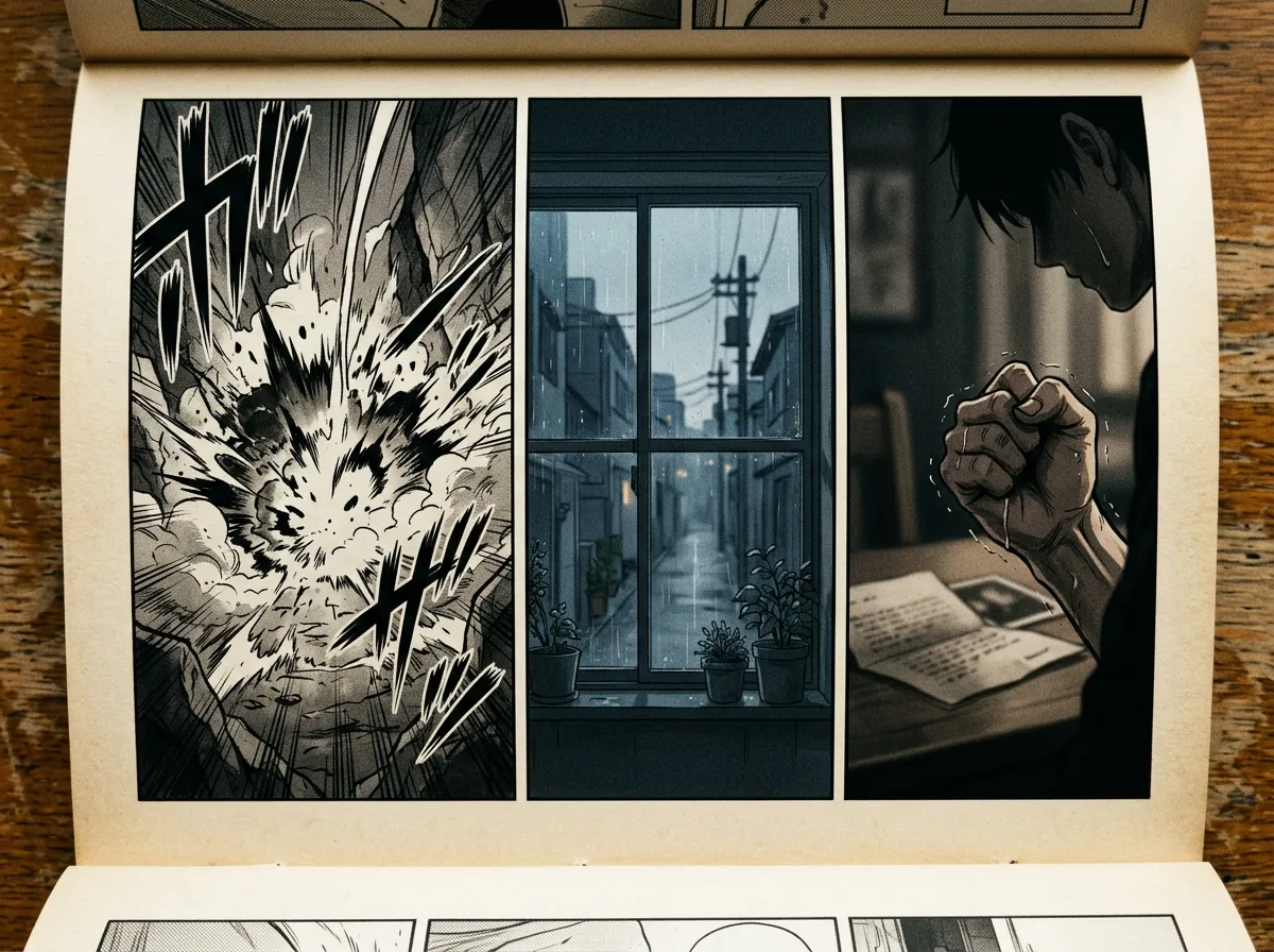 Vinetas de manga que contrastan sonido, quietud y emocion