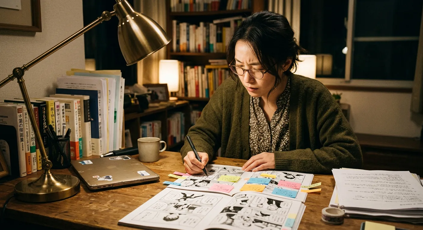 Un traductor trabaja sobre paginas de manga con efectos sin texto