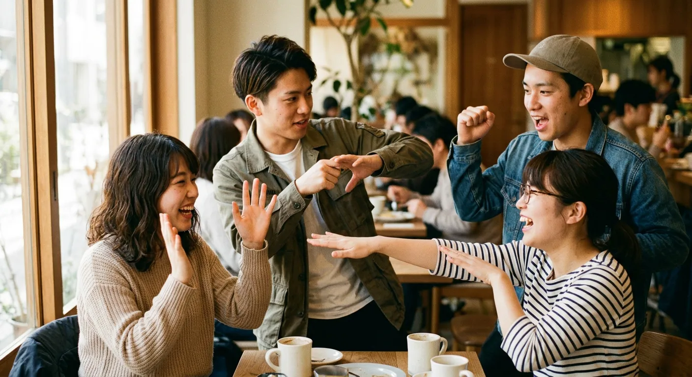 Amigos japoneses gesticulan movimientos en la charla diaria