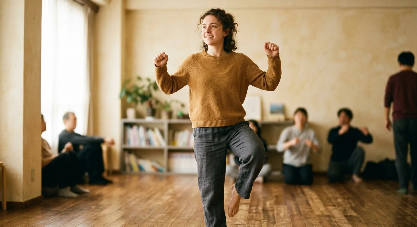 Un estudiante practica las onomatopeyas de movimiento con el cuerpo