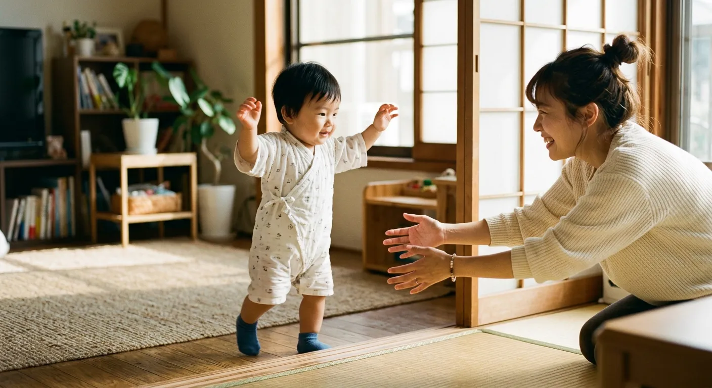 Un bebe japones da sus primeros pasos tambaleantes