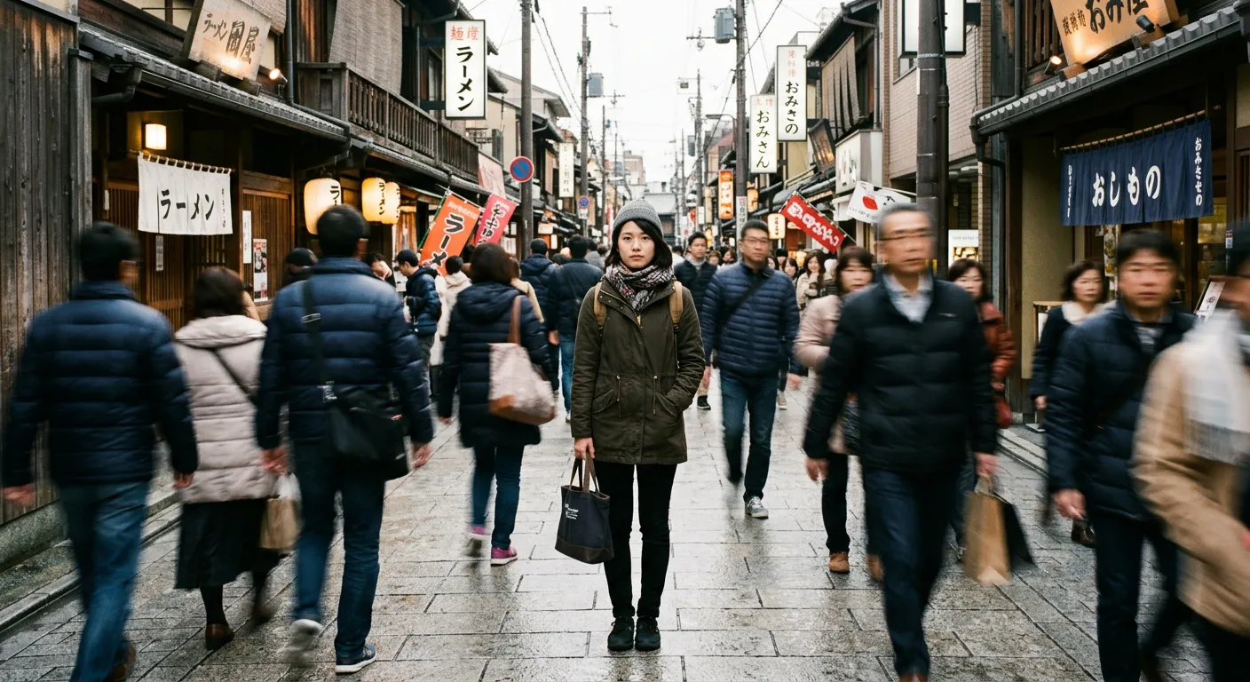 Una persona permanece completamente quieta mientras otros pasan