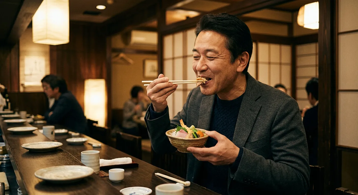 Un comensal saborea un plato de texturas en un restaurante de Ginza