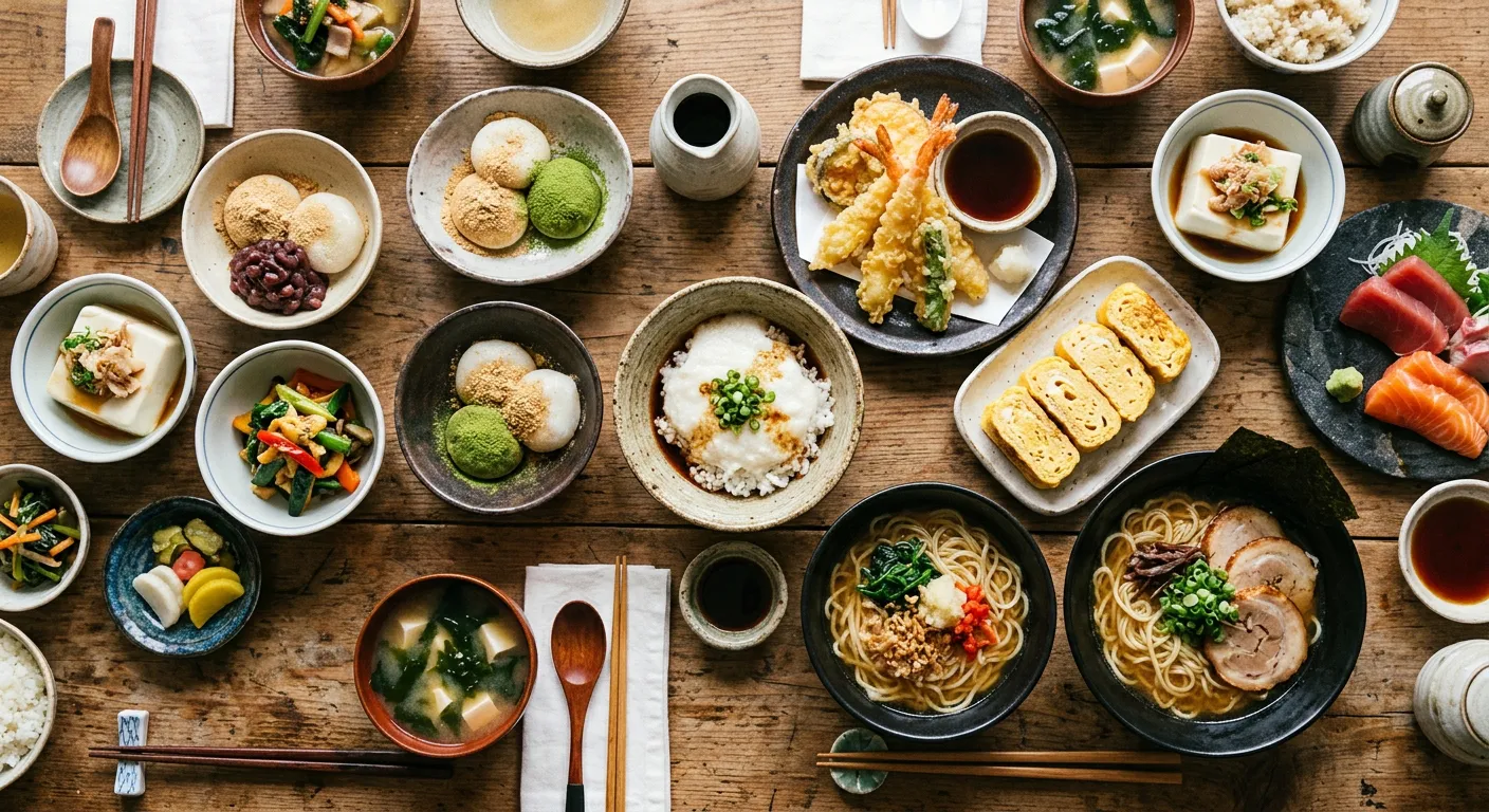 Un despliegue de platos japoneses con texturas muy diversas